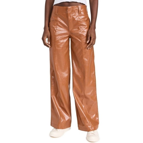 Free People Star Crossed Lovers PatentLeather Straight Leg Pants Brown Sz 8 - Picture 3 of 11